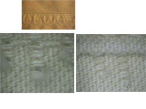 Sfiocchettatura lungo le cuciture causata da: aghi rotti, tessuto troppo rigido, aghi non compatibili con il tessuto