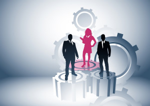 Team leaders business concept with people on cogs. Vector illustration.